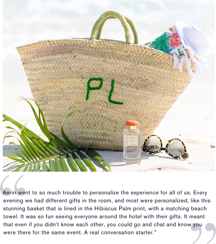 Peony Lim's personalised beach bag with Hibiscus Palm scent in front
